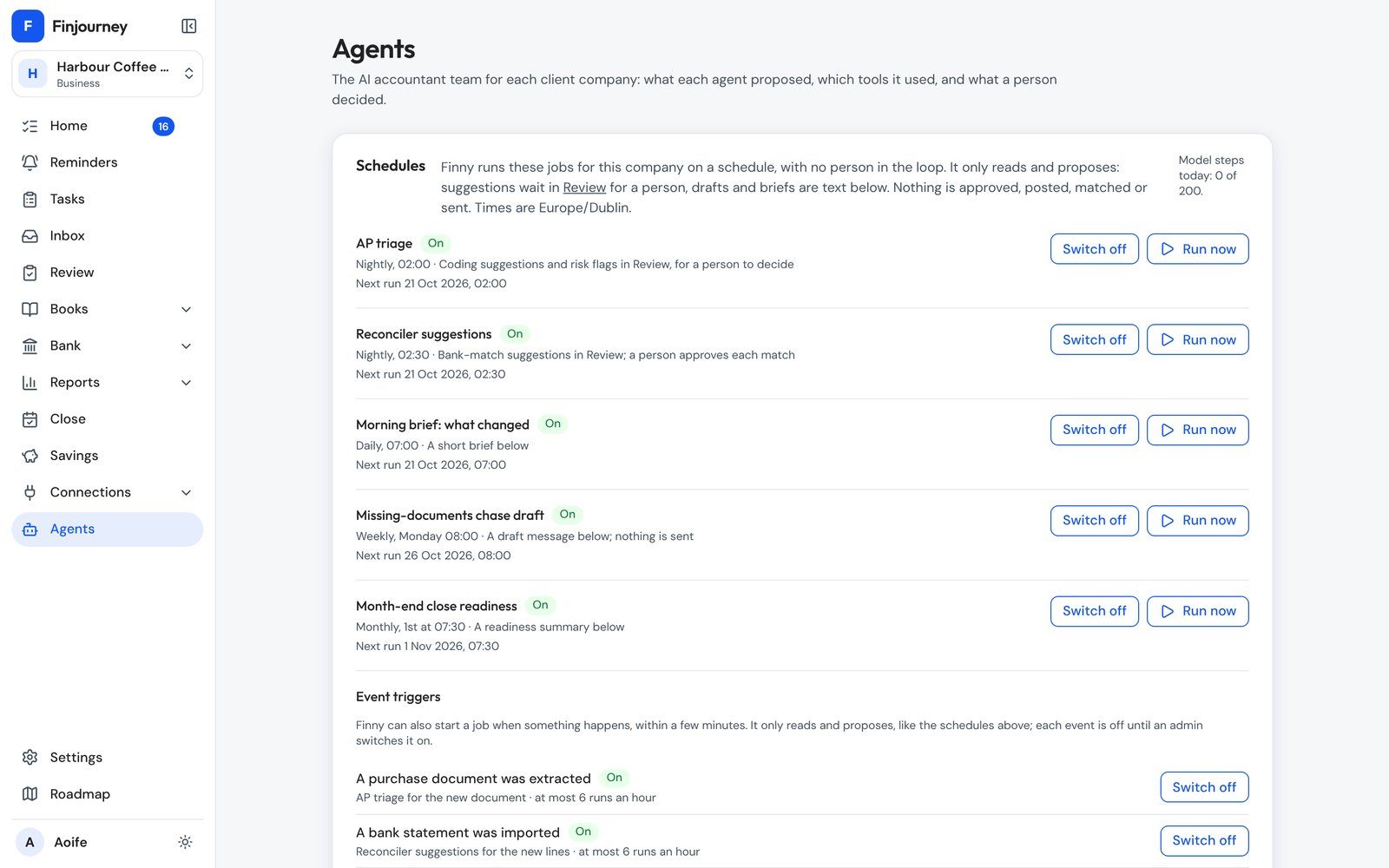 Agents screen listing Finny’s scheduled jobs and event triggers