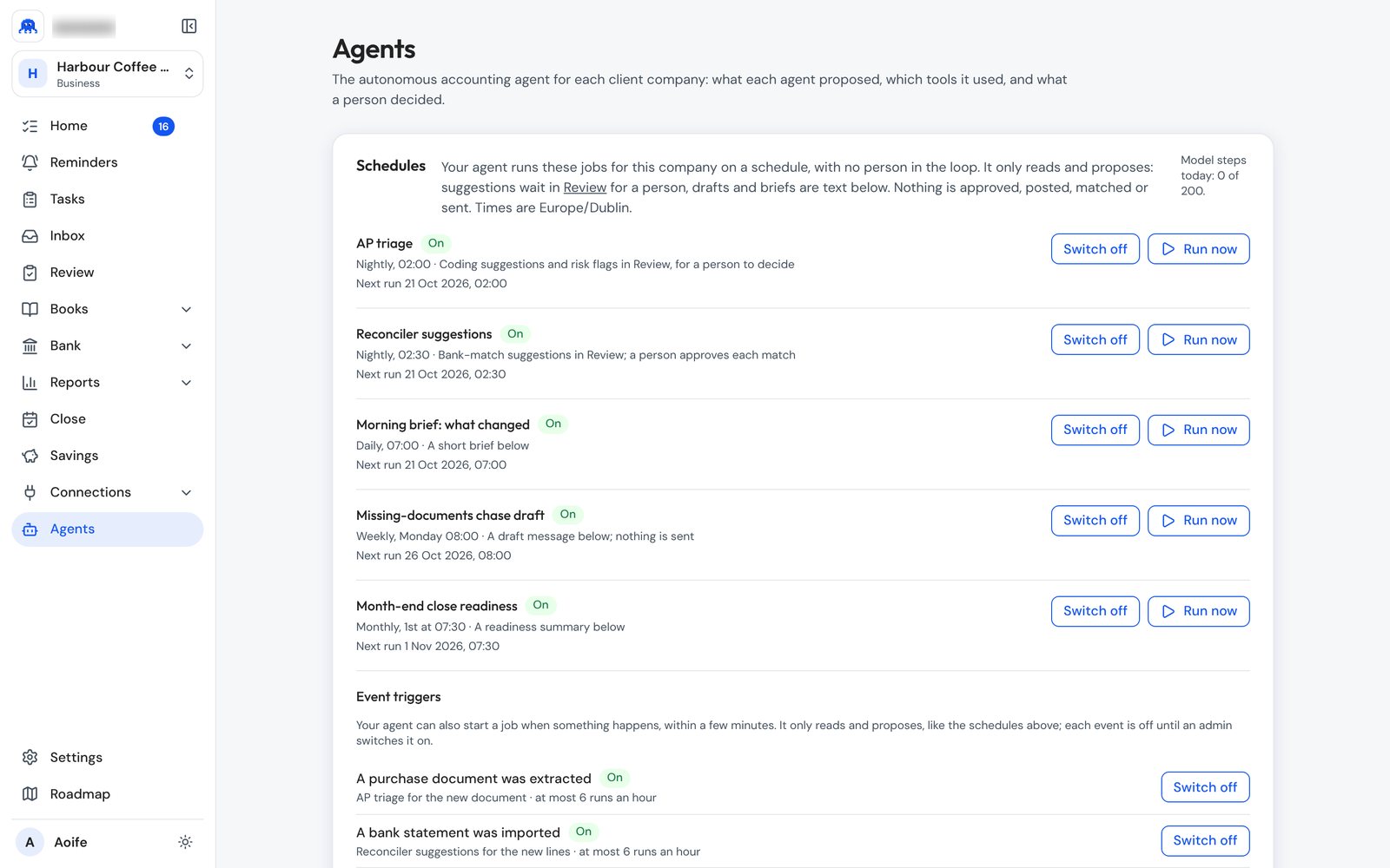 Agents screen listing the agent’s scheduled jobs and event triggers