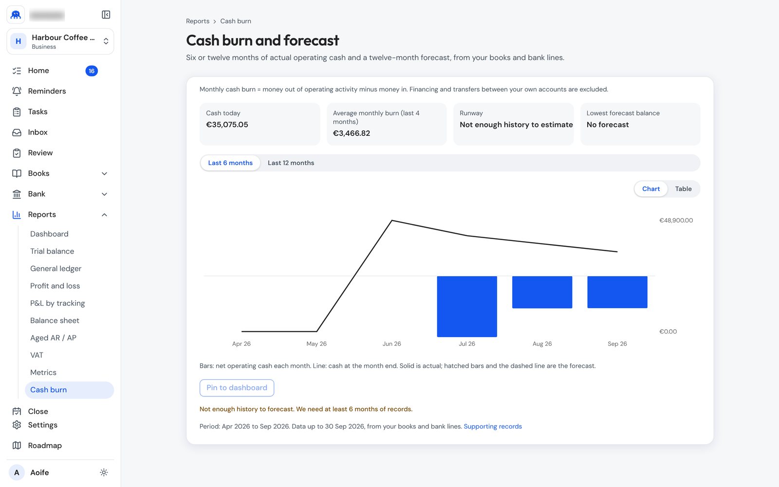 Cash burn and forecast report
