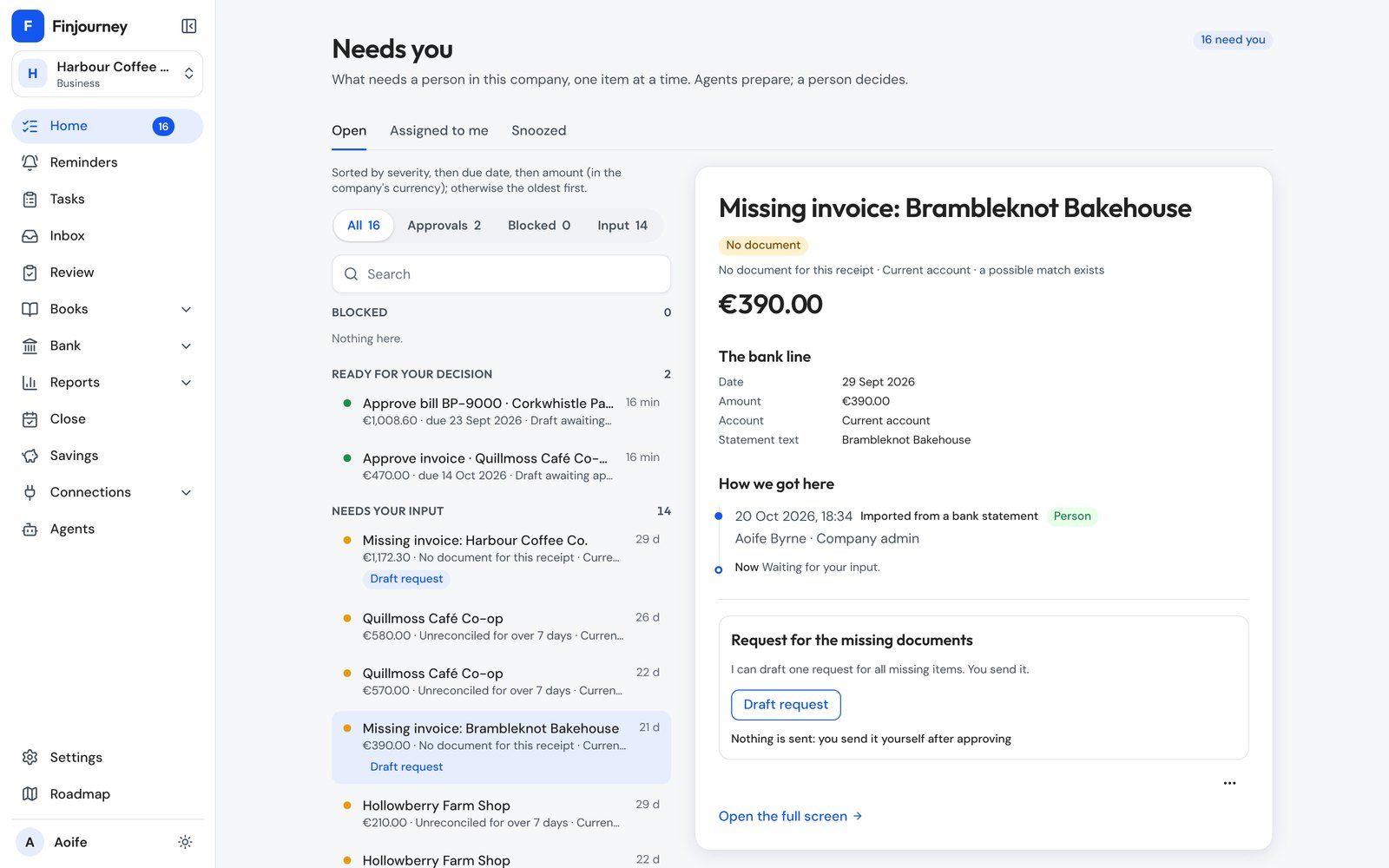 Needs you screen showing a missing invoice with a Draft request button