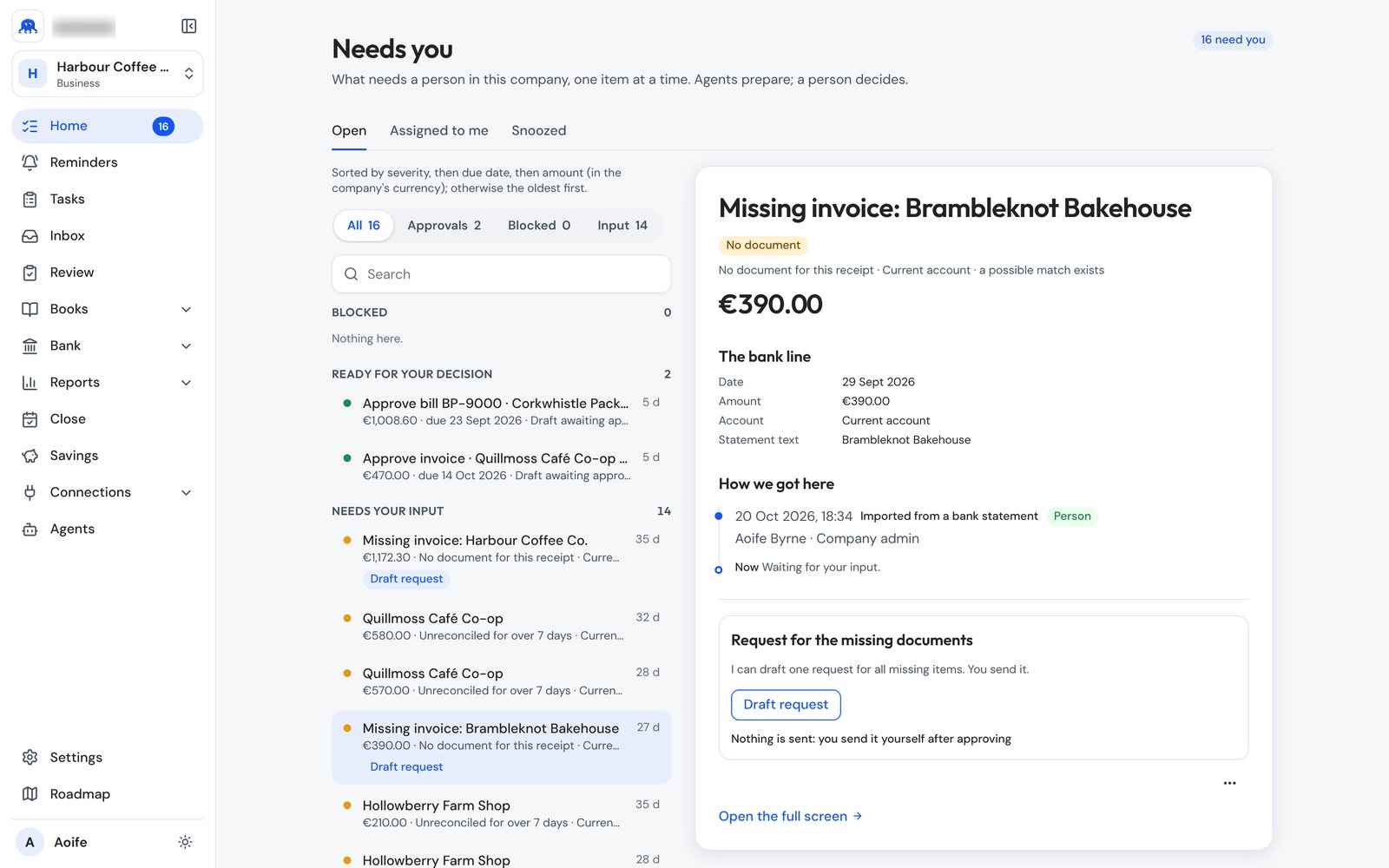 Needs you screen showing a missing invoice with a Draft request button